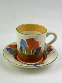 Clarice Cliff CROCUS Pattern demitasse coffee can & saucer. Art Deco, circa 1932.