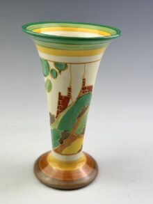 Clarice Cliff SECRETS pattern shape 280 trumpet vase, very attractive. Art Deco, circa 1933.