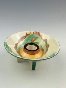 Clarice Cliff SECRETS pattern conical candlestick, 5cm. Shape 384. Art Deco, circa 1933.