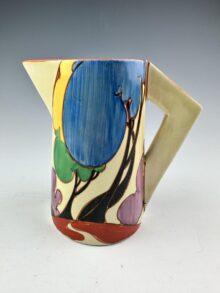 Clarice Cliff AUTUMN (blue) pattern medium conical jug, 15cm, circa 1931. Art Deco.