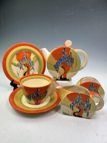 Clarice Cliff WINDBELLS pattern Bon Jour shape bachelor tea set, circa 1933. Art Deco.