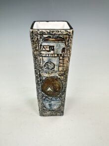 TROIKA tall square vase with abstract designs by Avril Bennett, 22cm, circa 1970s.