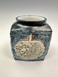 Troika marmalade jar with blue ground and Apple pattern, by Avril Bennett, 1970s.