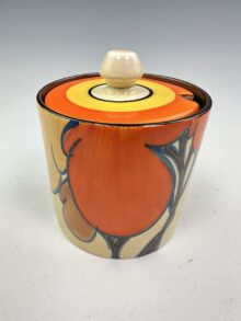 Clarice Cliff Orange Autumn drum-shape jampot with lid, 9.5cm. Circa 1932. Deco!
