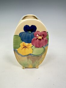 Clarice Cliff PANSIES pattern large Bon Jour shape vase, 17cm. Art Deco, circa 1934.