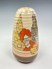 Clarice Cliff Capri pattern Lynton shape sugar sifter circa 1936, 12cm. Art Deco.