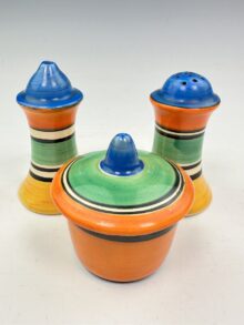 Clarice Cliff Liberty Stripe Muffineer cruet set, 3-piece. Art Deco original, circa 1930.