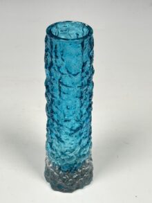 WHITEFRIARS Kingfisher blue bark pattern finger vase, by Geoffrey Baxter. 15cm tall.