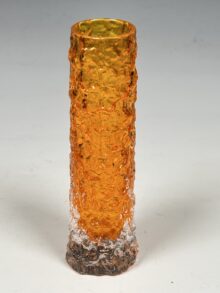 WHITEFRIARS Tango orange bark pattern finger vase, by Geoffrey Baxter. 15cm tall.