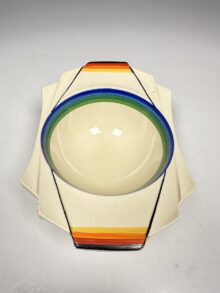 Clarice Cliff LIBERTY STRIPE Daffodil shape grapefruit bowl. Art Deco, circa 1931.