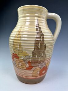 Clarice Cliff CAPRI pattern. A large single-handled Lotus jug, 28.5cm. Circa 1934.