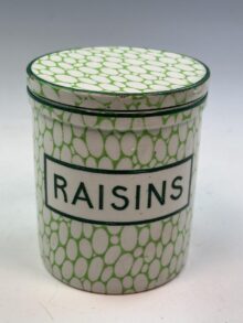 Maling green Cobblestone small storage jar marked RAISINS, with lid, 10.5cm.