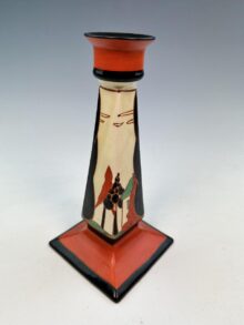 Clarice Cliff RED TREES & HOUSE Elton shape candlestick (21cm). Art Deco, circa 1930.