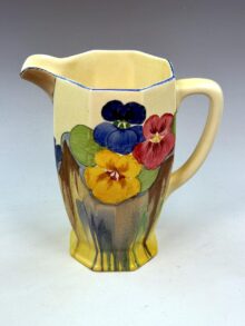 Clarice Cliff PANSIES pattern LARGE Athens jug, 20cm. Art Deco original, circa 1934.