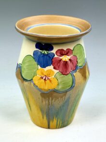 Clarice Cliff PANSIES pattern shape 342 vase, 19.5cm. Art Deco Original. Circa 1934.