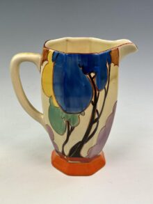 Clarice Cliff AUTUMN (blue) pattern Athens jug, 18cm. Art Deco original, circa 1931.