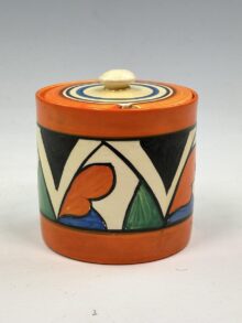 Clarice Cliff DOUBLE-V pattern drum-shape jampot with lid, 8cm. Circa 1929. Deco!