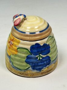 Clarice Cliff PANSIES pattern large beehive honey pot. Art Deco original, circa 1934.