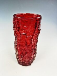 WHITEFRIARS Ruby (red) bark vase by Geoffrey Baxter, 23cm, LARGE size. Vintage!