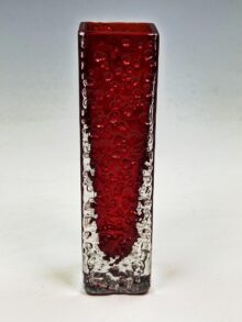 WHITEFRIARS nailhead vase in Ruby (red) colour by Geoffrey Baxter, 17cm. Vintage.