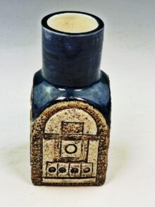 TROIKA spice jar with blue glazed top & abstract patterns, 15cm, by Shirley Wharf.
