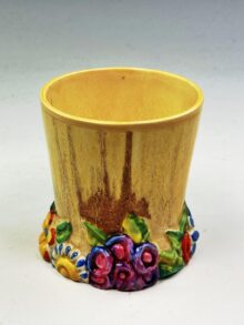 Clarice Cliff MY GARDEN shape 667 small vase, 10cm. Circa 1934. Art Deco original.
