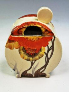 Clarice Cliff RHODANTHE pattern, Bonjour shape jampot and cover,11cm, circa 1934.