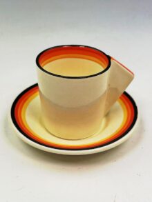 Clarice Cliff BANDED conical coffee cup and saucer. Very Art Deco, circa 1932.