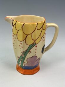 Clarice Cliff SUMMERHOUSE pattern Athens jug, 16cm. Art Deco original, circa 1931.