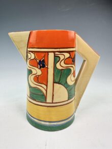 Clarice Cliff SUNRISE (orange) pattern large conical jug, 18cm. Art Deco, circa 1929.