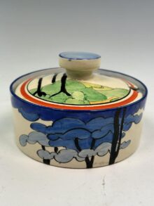 Clarice Cliff BLUE FIRS covered cream cheese/preserve pot. Art Deco, circa 1934.