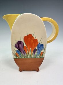 Clarice Cliff CROCUS Bon Jour shape jug, 16cm. Scarce shape. Art Deco, circa 1933.