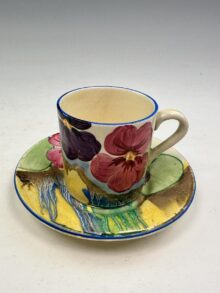 Clarice Cliff PANSIES pattern tankard coffee cup & saucer. Art Deco, circa 1934.