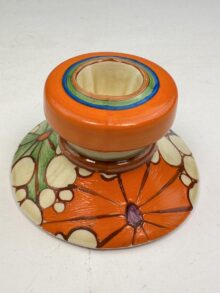 Clarice Cliff ORANGE BROTH candlestick, 5.5cm. Shape 331. Art Deco, circa 1930.