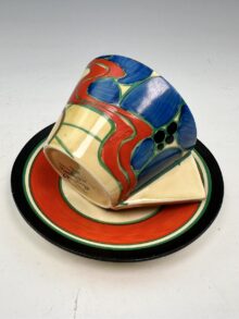 Clarice Cliff RED SUNRISE conical cup & saucer, 6cms. Circa 1930. Art Deco!