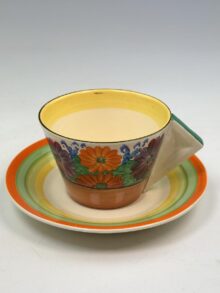 Clarice Cliff GAYDAY pattern conical tea cup & matched saucer, circa 1933. Art Deco.