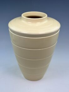Keith Murray large shoulder vase in yellow satin glaze, 29cm. Very Art Deco.