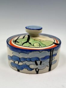 Clarice Cliff BLUE FIRS covered cream cheese/preserve pot. Art Deco, circa 1934.