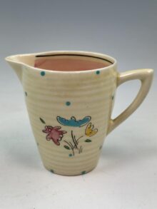Clarice Cliff BON JOUR (pink) pattern, Lynton (ribbed) milk jug, 7cm, circa 1935.