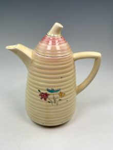 Clarice Cliff BON JOUR (pink) pattern, Lynton (ribbed) coffee pot, 19cm, circa 1935.