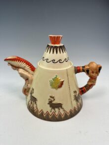 Clarice Cliff novelty 'Tee Pee' teapot. Made for export to Canada. Circa late 1940s.