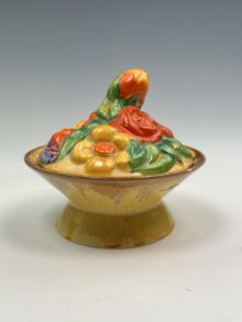 Clarice Cliff MY GARDEN covered powder dish, 10cm. Circa 1934. Art Deco original.