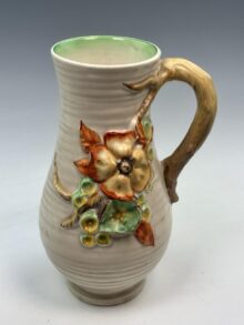 Clarice Cliff MY GARDEN flower jug with branch handle. Circa late '30s. Very nice.