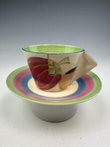 Clarice Cliff PASTEL MELON conical cup & saucer, 6cms. Art Deco original, circa 1932.