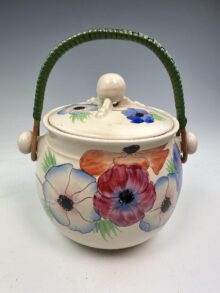 Clarice Cliff ANEMONE pattern, shape 335, biscuit barrel with handle. Circa 1937.