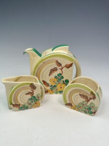Clarice Cliff GREEN HYDRANGEA Stamford teapot trio (teapot, milk & sugar), 1933.