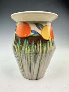 Clarice Cliff DELECIA CITRUS pattern shape 342 vase, 19.5cm. Art Deco, circa 1933.