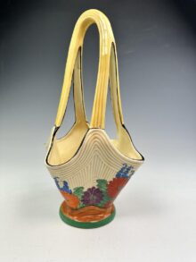 Clarice Cliff GAYDAY elegant shape basket with frog, 31cm, circa 1931. Art Deco.