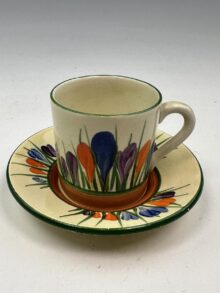 Clarice Cliff CROCUS Pattern demitasse coffee can & saucer. Art Deco, circa 1929.