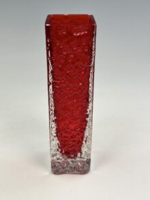 WHITEFRIARS nailhead vase in Ruby (red) colour by Geoffrey Baxter, 17cm. Vintage.